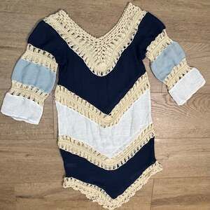 Vivid Importers NY Navy Blue and White Chevron Crochet Boho Tunic Top